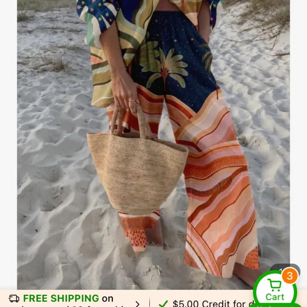 Wide-Leg Printed Beach Pants in Navy and Orange NWOT
